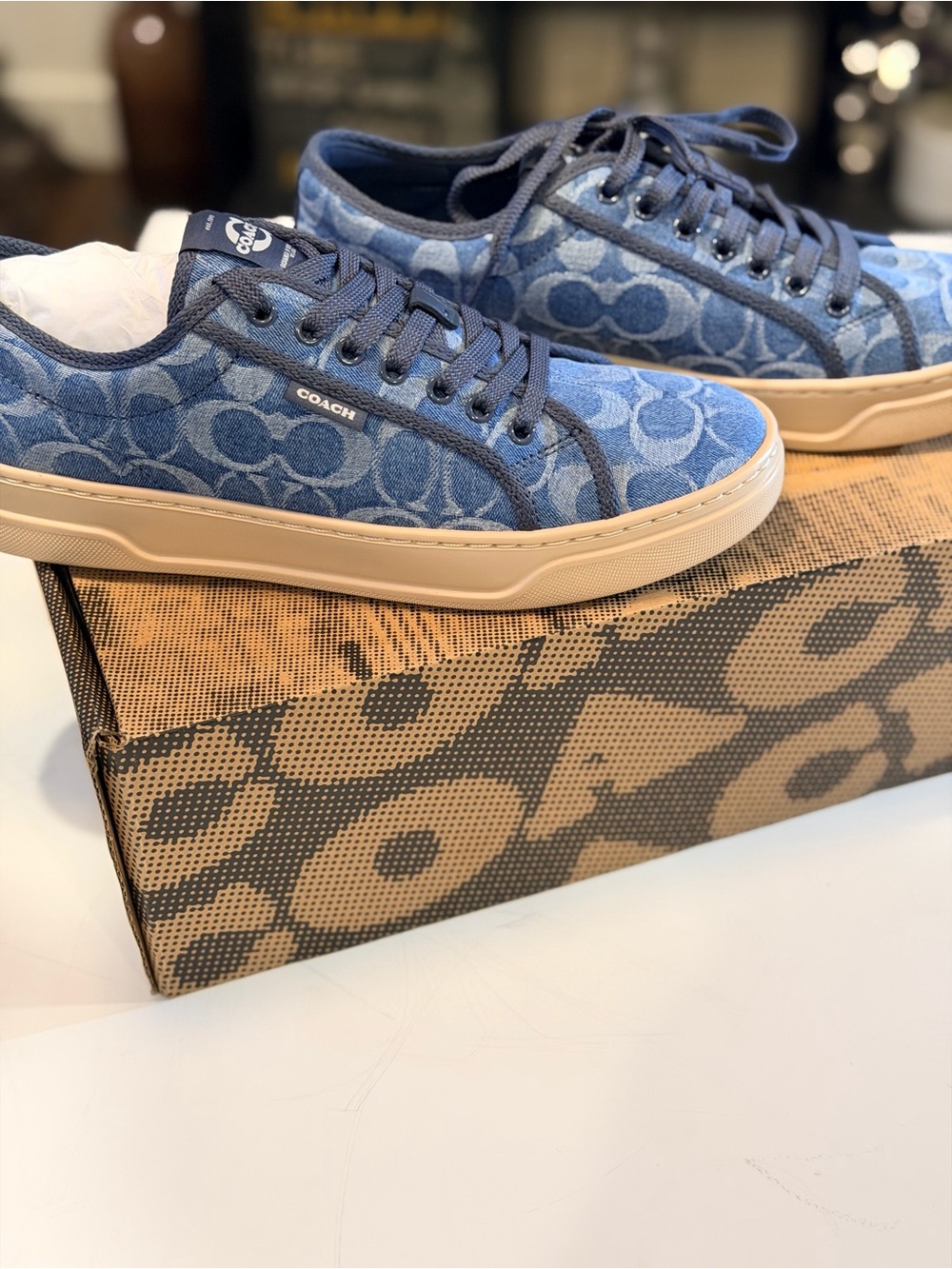 Coach Denim Monogram Low-Top Sneakers in Blue with Tan Sole - Picture 6 of 7